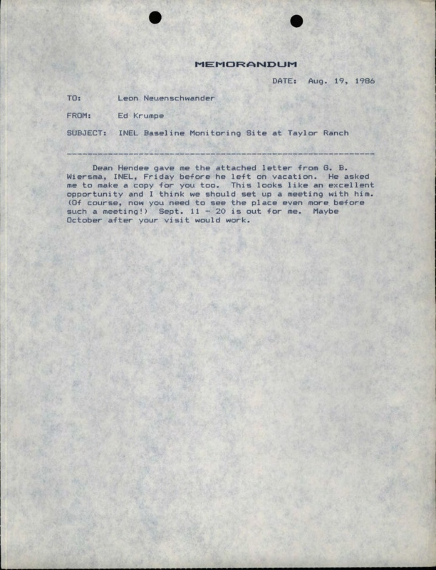 A memorandum from Ed Krumpe to Leon Neuenschwander, a letter from John C. Hendee to G.B. Wiersma, a partial list of invitees, and a note from John Hendee to Leon Neuenschwander about Wiersma's visit to Taylor Ranch.