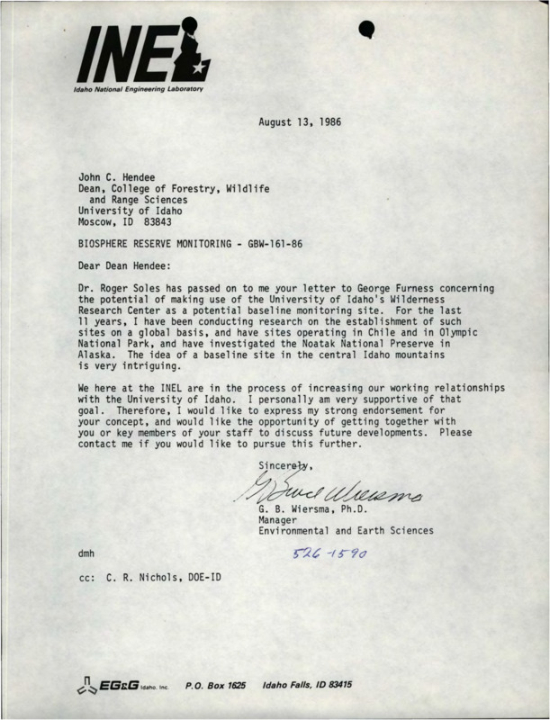 A letter from G.B. Wiersma to John C. Hendee about biosphere reserve monitoring.