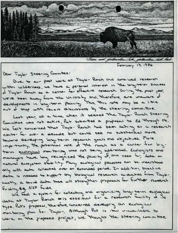 A letter from Gregory D. Hayward and Patricia H. Hayward to the Taylor Steering Committee and a memorandum from Oz Garton to Ed Krumpe about ecological monitoring, and a copy of a proposal titled "Ecological Monitoring at Taylor Ranch."