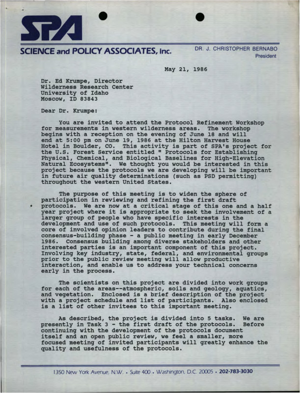 A letter from J. Christopher Bernabo to Ed Krumpe about a Protocol Refinement Workshop.