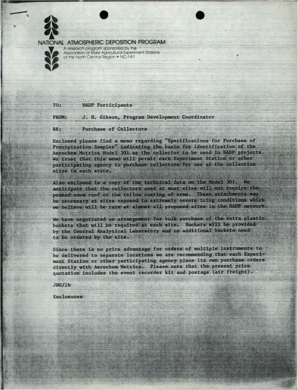 A letter from J.H. Gibson to NADP participants about a precipitation sampler, a letter from E.B. Cowling to NADP participants about a precipitation sampler, a description of the Model 301 precipitation collector, and a price list for a precipitation collector.