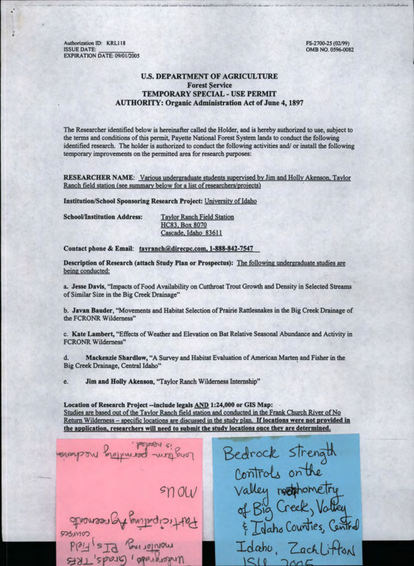 A USDA temporary special use permit for undergraduate students supervised by Jim and Holly Akenson at the Taylor Ranch field station to study cutthroat trout, prairie rattlesnakes, bats, martens, and fishers, and a portion of the Frank Church-River of No Return Wilderness Management Plan.