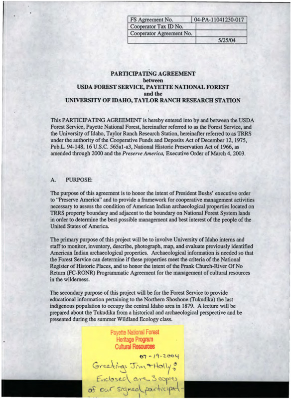 A participating agreement between the USDA Forest Service, University of Idaho, and the Taylor Ranch Research Station signed by the University of Idaho Dean of Forestry and Mark J. Madrid.