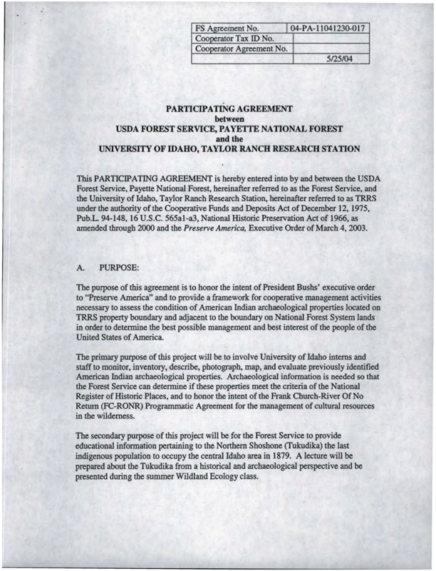 A participating agreement between the USDA Forest Service, University of Idaho, and the Taylor Ranch Research Station signed by the University of Idaho Dean of Forestry and Mark J. Madrid.