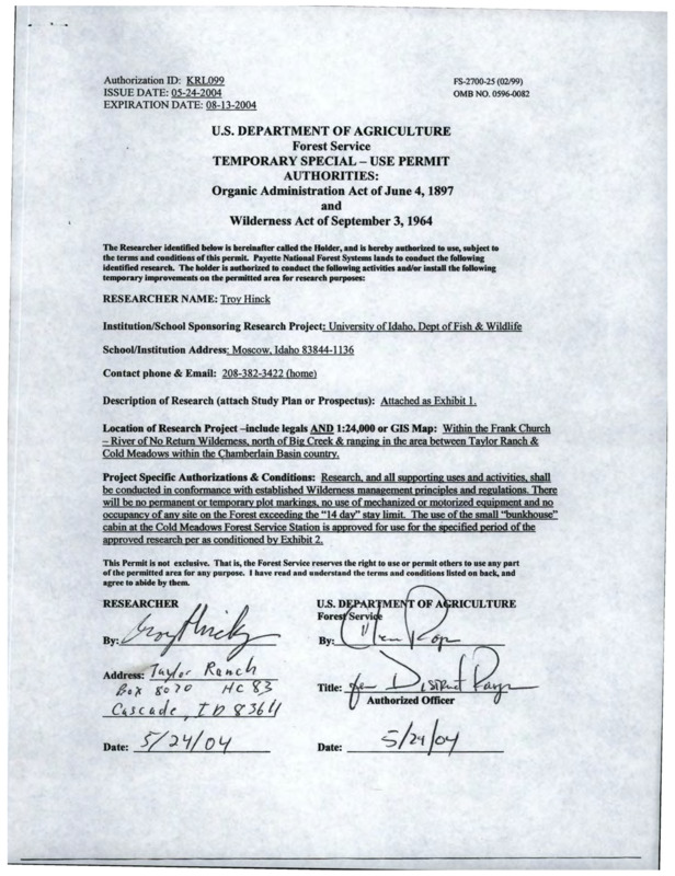 A USDA temporary special use permit for Troy Hinck to research in the Frank Church-River of No Return Wilderness.