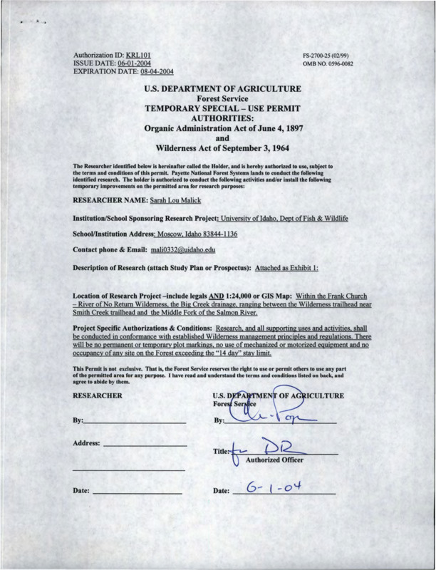 A USDA temporary special use permit for Sarah Lou Malick to research in the Frank Church - River of No Return Wilderness.