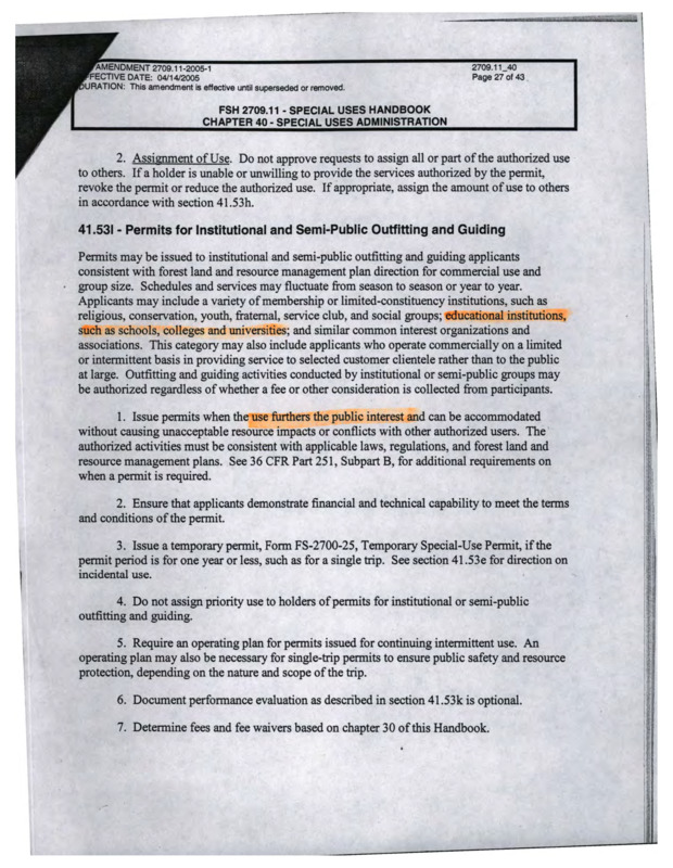 A highlighted clip of Chapter 40 of FSH 2709.11, the Special Uses Handbook, starting at section 41.53l. The highlighted sections read "educational institutions, such as schools, colleges and universities" and "use furthers the public interest."