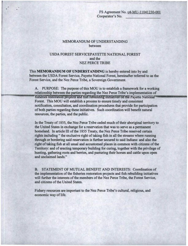 A memorandum of understanding between the USDA and the Nez Perce Tribe signed by Anthony D. Johnson, Mark J. Madrid, and Jake White Plum.