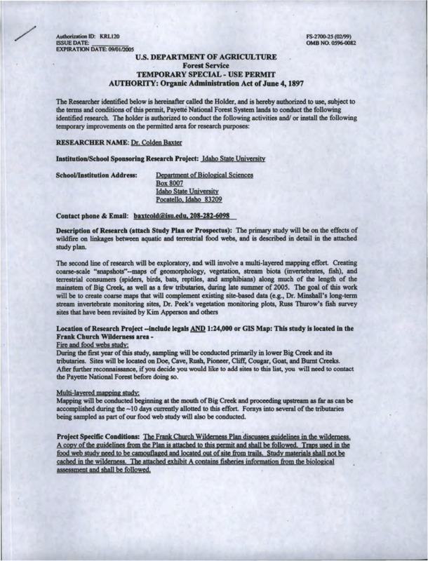 A USDA temporary special use permit for Colden Baxter to research wildfire in the lower Big Creek and its tributaries.