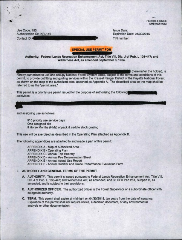 A special use permit and operating plan, both with details redacted, and some empty tables, including a proposed use schedule, a fee determination statement, a financial record, a grazing report, and an outfitter guide performance rating.