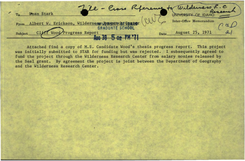 A memorandum from Albert W. Erickson to Dean Stark and a memorandum from Clifford R. Wood to Caldwell, Erickson, and Allen about a thesis progress report.