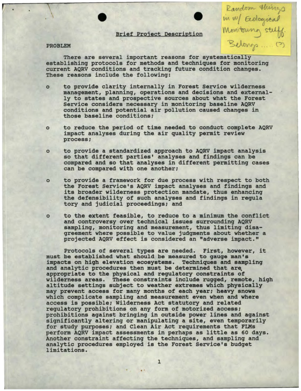 A brief project description for monitoring AQRV, including a detailed schedule of tasks and a list of protocols, and a prospectus for a centennial celebration.