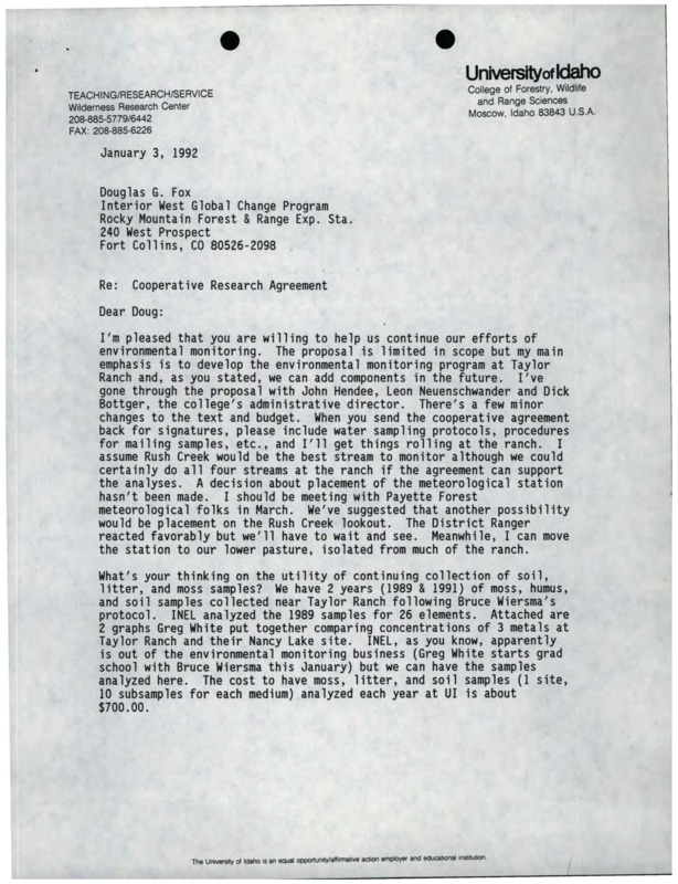 A letter from Jeffrey Yeo to Douglas G. Fox about a cooperative research agreement, along with a copy of the agreement, a budget, and two graphs.