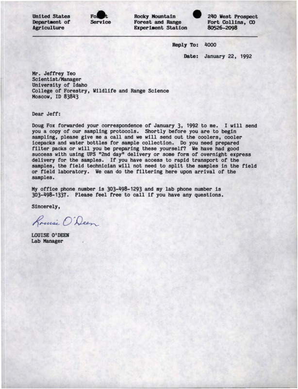 A letter from Louise O'deen to Jeffrey Yeo and a letter from Douglas G. Fox to Jeffrey Yeo about sampling, a memorandum from Jeff Yeo to John Hendee and a letter from Douglas Fox to John Hendee about a cooperative agreement, a letter from Douglas G. Fox to John C. Hendee about a research plan, and a letter from John C. Hendee to Doug Fox about environmental monitoring.