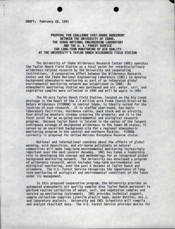 A copy of a proposal for an agreement between the University of Idaho, INEL, and the US Forest Service for air quality monitoring, including a copy of the annual budget.