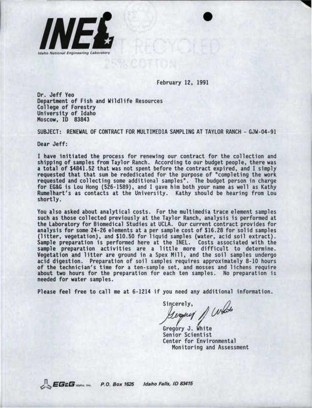 A letter from Gregory J. White to Jeff Yeo about sampling and a letter from Greg Hayward to Dean Hendee about air quality monitoring.