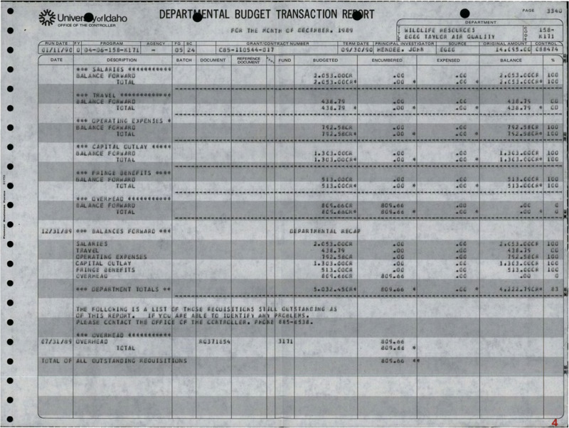 A departmental budget transaction report for the Wildlife Resources Department, covering salaries, travel, operating expenses, capital outlay, fringe benefits, and overhead.