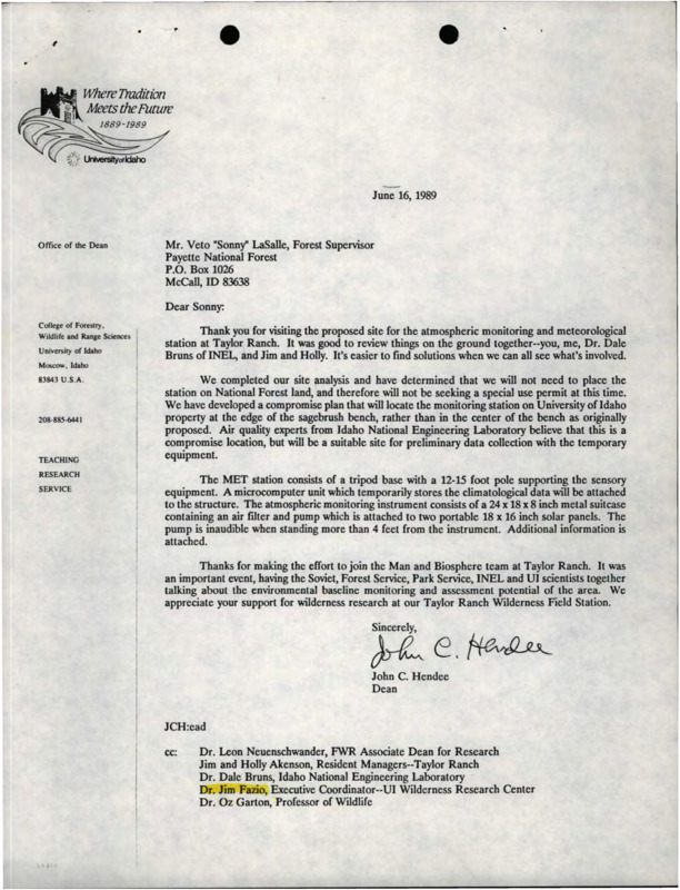 A letter from John C. Hendee to Veto "Sonny" LaSalle about air quality and a copy of a decision about the Taylor Ranch Portable Atmospheric Monitoring and Meteorological Station.