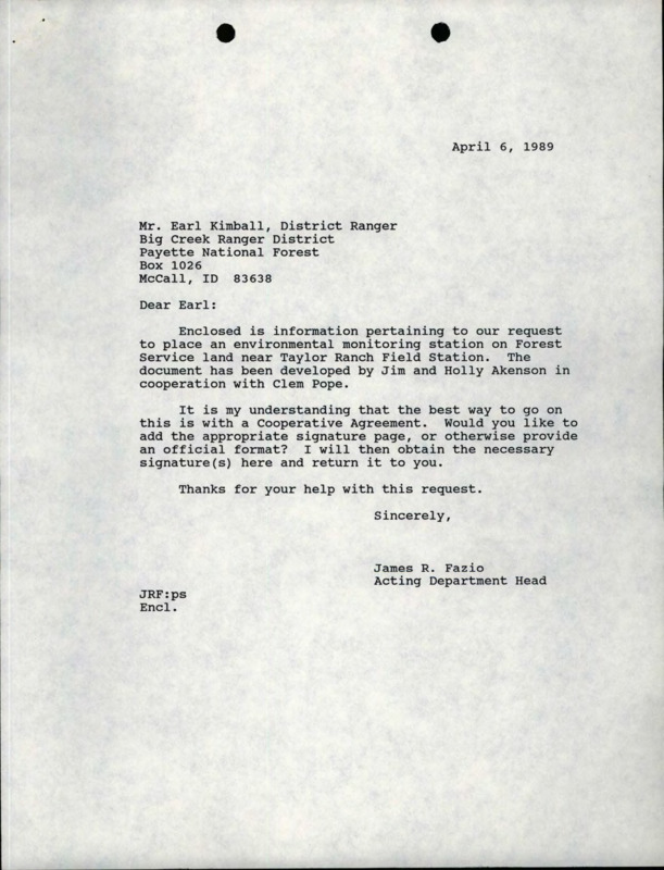 A letter from James R. Fazio to Earl Kimball about an environmental monitoring station and a copy of the background, site selection, description, and agreement regarding the Taylor Ranch Portable Atmospheric Monitoring and Meteorological Station.