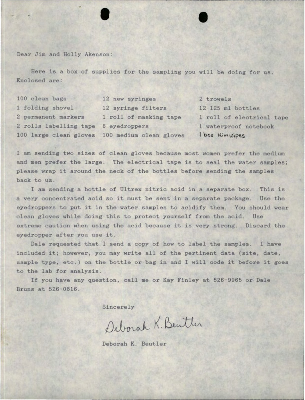 A letter from Deborah K. Beutler to Jim and Holly Akenson about sampling supplies, a letter from Kay to Jeff about air quality, Roger L. Sumstine's INEL business card, a packing list and invoice from Campbell Scientific, Inc. sold and shipped to University of Idaho, and a handwritten list of information related to INEL environmental monitoring.