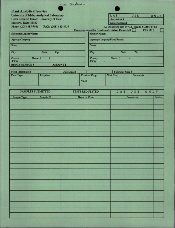 Blank copies of the forms used to submit samples to the University of Idaho Analytical Laboratory plant analytical service, water analytical service, and soil analytical service.