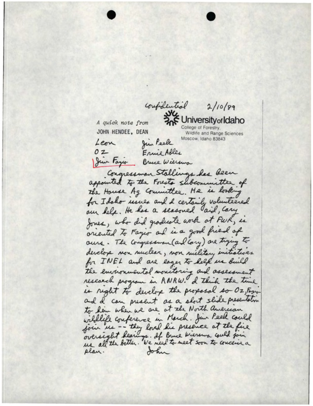 A confidential note from John Hendee to Leon, Oz, Jim Fazio, Jim Peck, Ernie Ables, and Bruce Williams about Congressman Stallings.