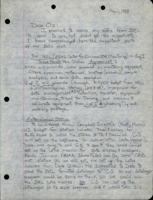 A letter from Holly to Oz which lists notes from INEL, including information about the meteorological station, Jim and Holly's responsibilities, questions for Oz, atmospheric monitoring education and presentations, other contacts, ideas from INEL scientists, future funding/project continuation, and long term potential.