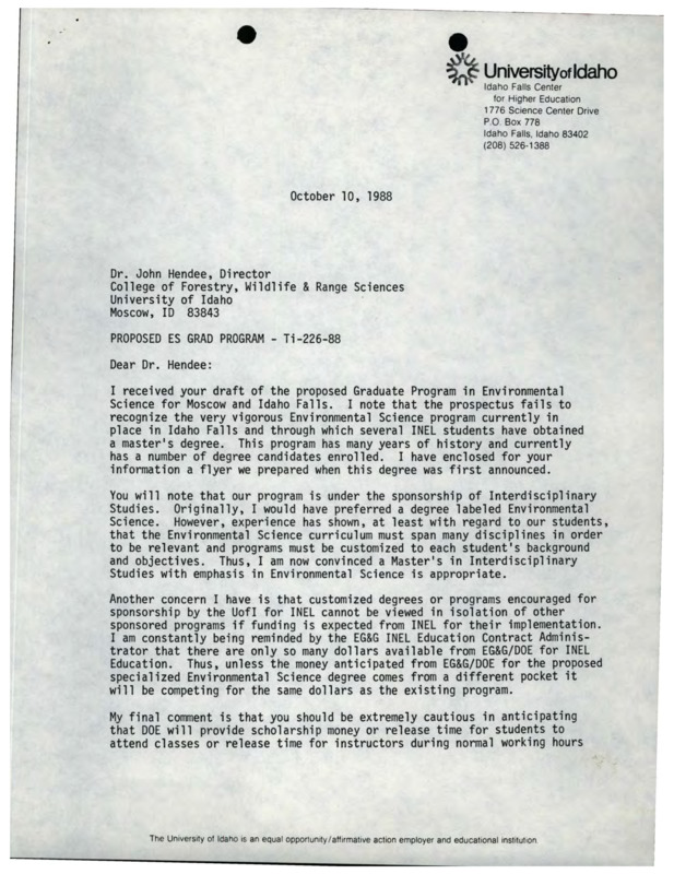 A letter from Fred H. Tingey to John Hendee about a proposed graduate program in environmental science, and a copy of the proposal.