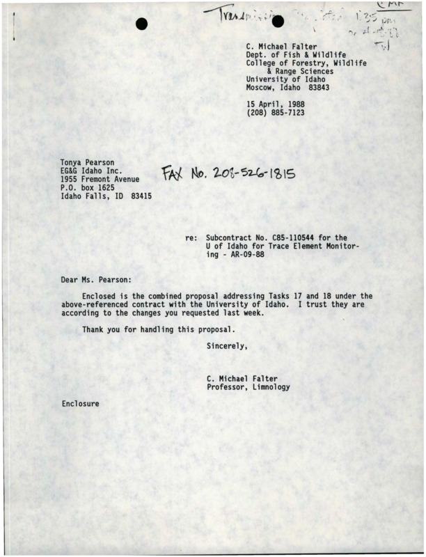 A letter from C. Michael Falter to Tonya Pearson about a proposal, and a copy of a proposal for cooperative air quality monitoring between the University of Idaho and INEL, along with the project budget.