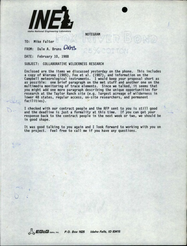 A note from Dale A. Bruns to Mike Falter about collaborative research and a memorandum from Bill McLaughlin to John Hendee about an INEL monitoring project.