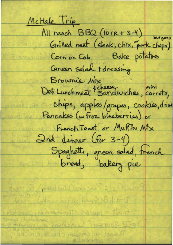 Lists of food for the McHale Trip and the Clara Trip.