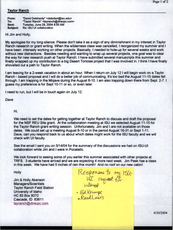 Emails from David Delehanty to Taylor Ranch and the reply about grant writing, from Reed Lewis to Taylor Ranch and the reply about an endowment fund, and from Charles R. Peterson to Taylor Ranch and the reply about a grant proposal.