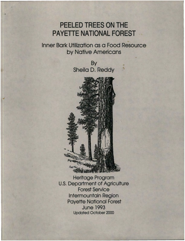 A copy of "Peeled Trees on the Payette National Forest: Inner Bark Utilization as a Food Resource by Native Americans" by Sheile D. Reddy.