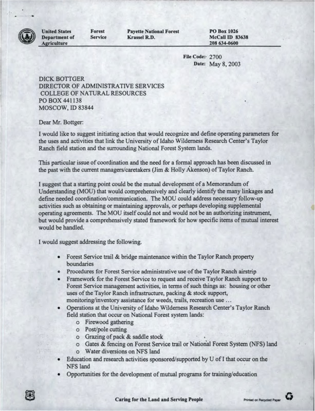 A letter from C. Quinn Carver to Dick Bottger about operating parameters at Taylor Ranch and a letter from Gerard Billington to Erin Rohlman about a trail easement.