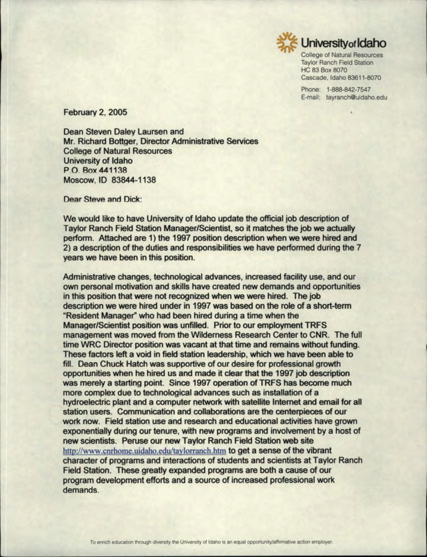 A letter from Holly and Jim Akenson to Steven Daley Laursen and Richard Bottger about updating the official job description of Taylor Ranch Field Station Manager/Scientist.