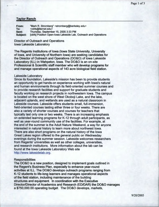 An email from Mark R. Stromberg to Iowa Lakeside Laboratory about a job opening for Director of Outreach and Operations at Iowa Lakeside Laboratory.