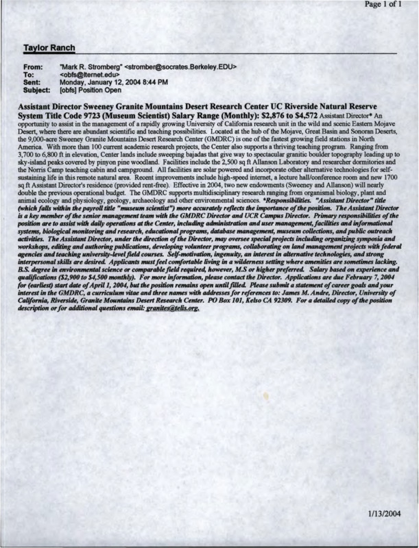 An email from Mark R. Stromberg to Iowa Lakeside Laboratory about a job opening for Assistant Director of Sweeney Granite Mountains Desert Research Center UC Riverside Natural Reserve System.