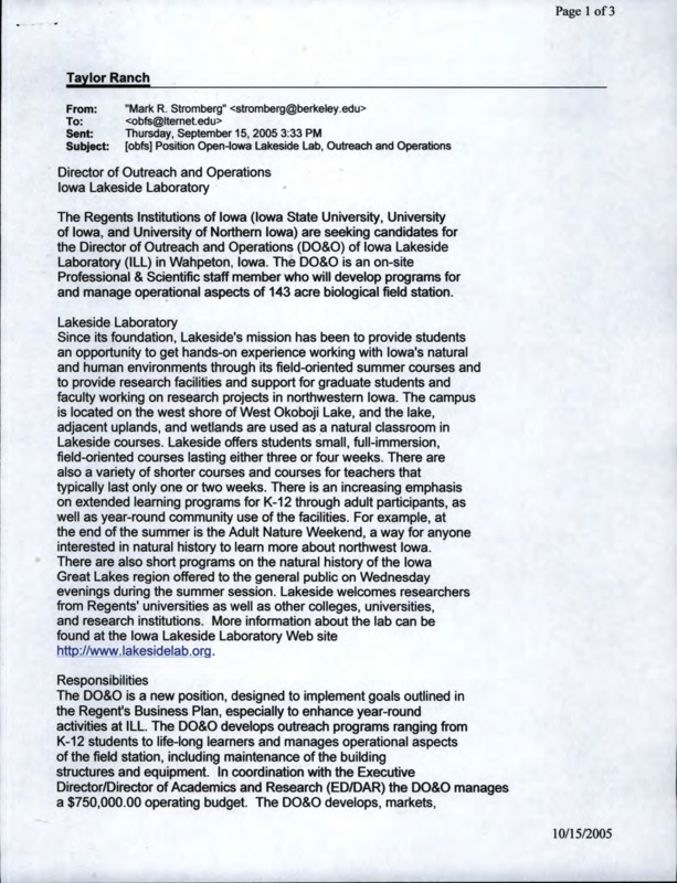 An email from Mark R. Stromberg to Iowa Lakeside Laboratory about a job opening for Director of Outreach and Operations at Iowa Lakeside Laboratory.