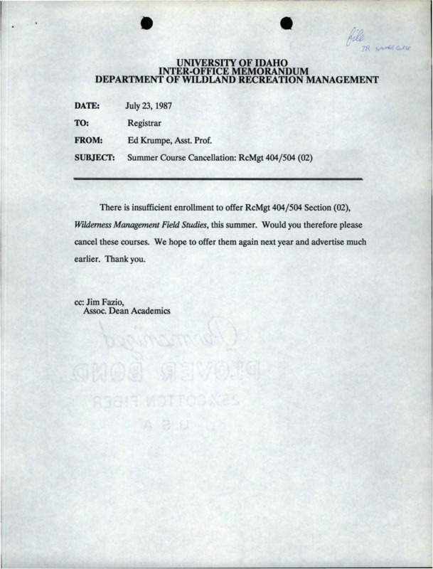 A memorandum from Ed Krumpe to the registrar about cancelling Wilderness Management Field Studies for summer 1987 due to insufficient enrollment, with an accompanying class list from the registrar.