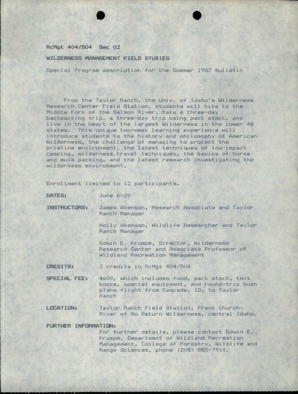 A description for Wilderness Management Field Studies for the summer 1987 bulletin, including dates, instructors, credits, fees, location, and other information.