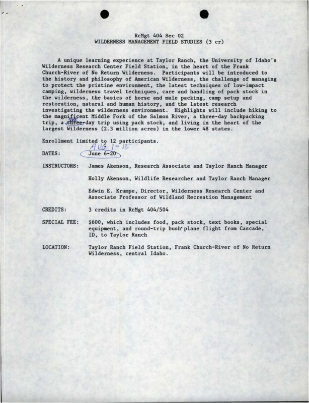 The announcement for Wilderness Management Field Studies, with the course outline, proposed budget, and an assortment of handwritten notes.