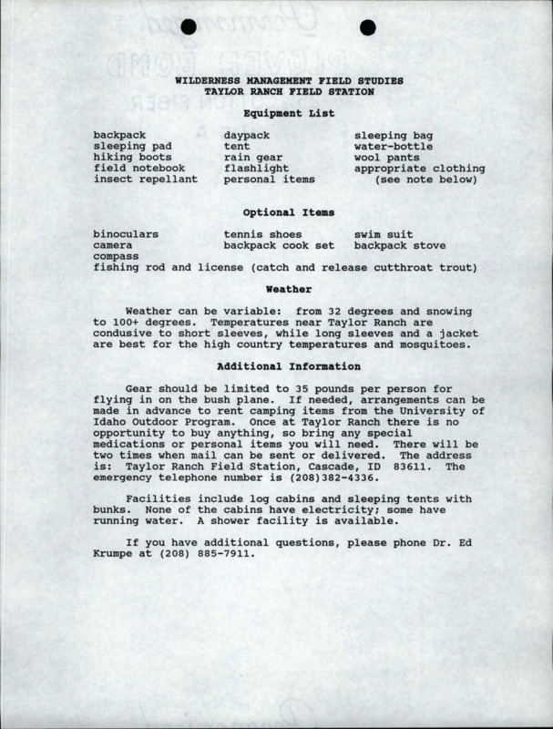 A packing list for Wilderness Management Field Studies at Taylor Ranch Field Station, including equipment, optional items, weather information, and additional information.