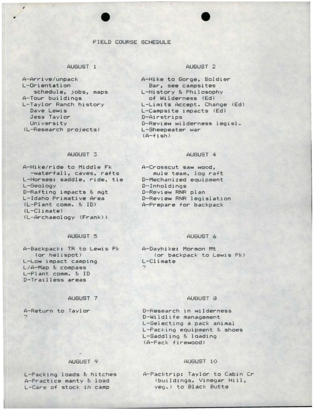 A copy of the Field Course Schedule from August 1 to August 15.