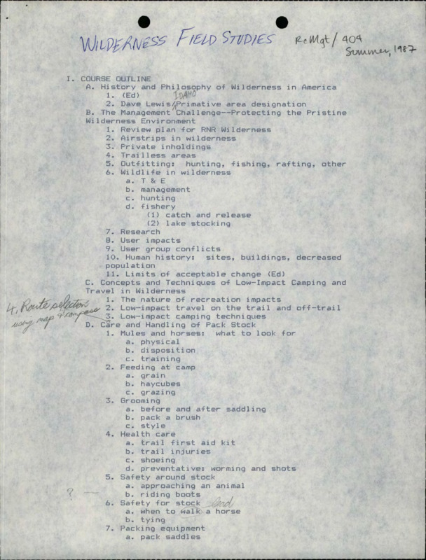 A copy of the Wilderness Field Studies course outline for summer 1987, a letter from Sid Eder to Dr. Krumpe about including Wilderness Management Field Studies in the 1987 summer bulletin, and a sample copy of the description for "BASIC for Educators Ed 403/503" in a bulletin.