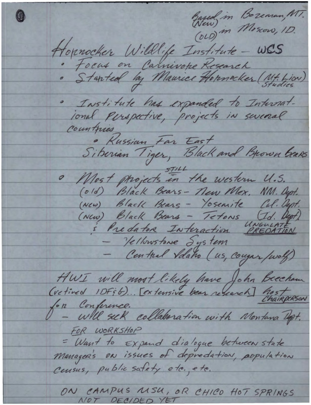 Handwritten notes for the Hornocker Wildlife Institute, a letter from Donald Whittaker to Larry Kruckenberg about the Western Black Bear Workshop, an application form for workshop approval for the Western Black Bear Workshop, a copy of the organization and function of the Western Black Bear Workshop, and a postcard from DeLorenz to Jim Akenson about a newsletter deadline.