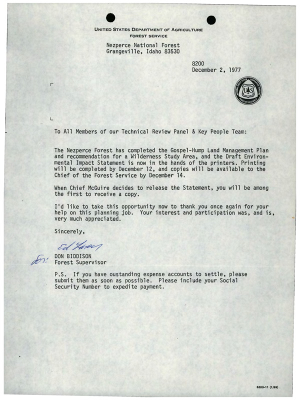 A letter from Don Biddison to all members of the Technical Review Panel and Key People Team about a Wilderness Study Area, a letter from Don Biddison to all Technical Review Panel Members about planning for Gospel-Hump, and a letter from Don Biddison to Ken Sowles about preparing a statement for the Gospel-Hump Planning Unit.