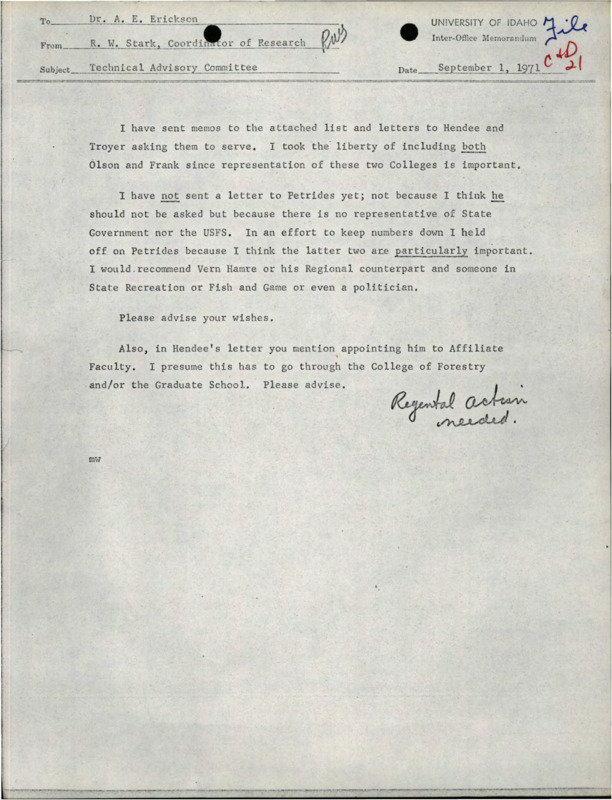 A memorandum from R.W. Stark to A.E. Erickson about sending memos and letters to others "asking them to serve," a letter from R.W. Stark to John Hendee about a technical advisory position at the Wilderness Research Center, and a letter from R.W. Stark to Willard Troyer about a technical advisory position at the Wilderness Research Center.