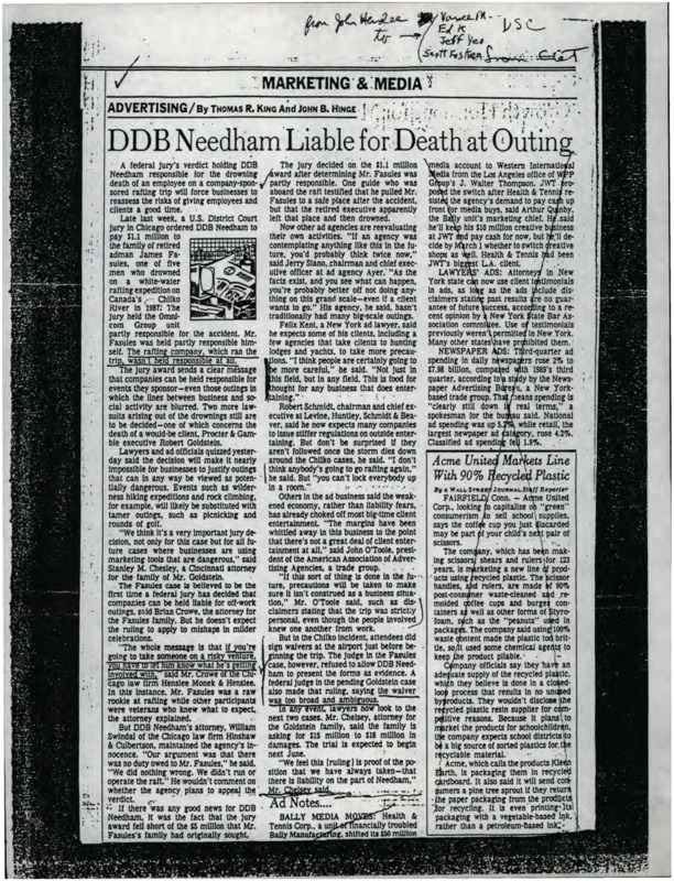 A newspaper clipping of an advertisement by Thomas R. King and John B. Hinge titled "DDB Needham Liable for Death at Outing," with handwritten underlines.