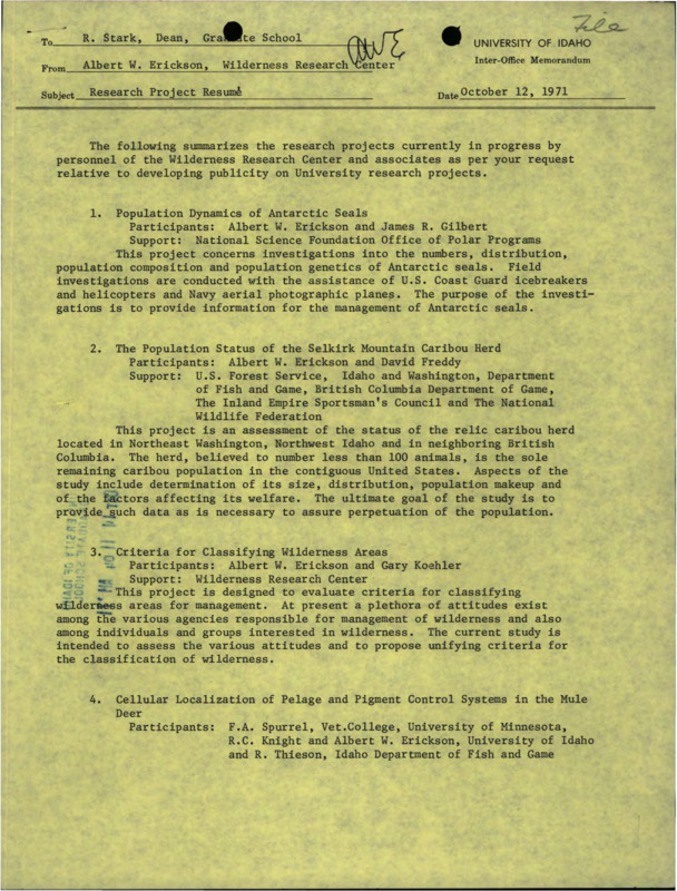 A memorandum from Albert W. Erickson to R. Stark about research projects in progress at the Wilderness Research Center