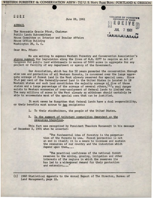 An airmail from H.R. Glascock, Jr. to Gracie Pfost about Western Forestry and Conservation Association's support for H.R. 6377.